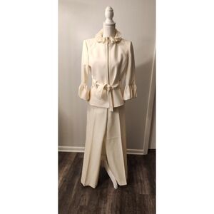 Vintage Albert Nipon Ruffle Collar Zip Jacket Pant Suit Sz 4 - Winter White